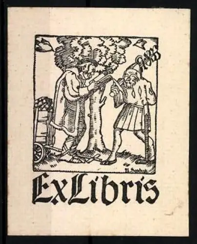 Exlibris Mittelalterliche Szene am Baum, lesender Mann