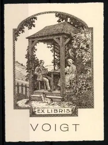Exlibris Voigt, Lesendes Paar in Laube