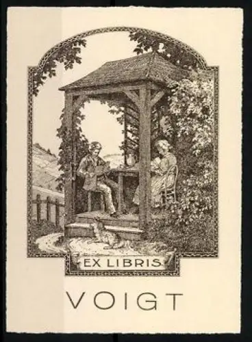 Exlibris Voigt, Lesendes Paar im Pavillon