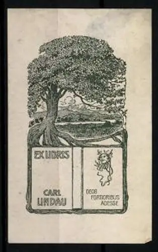 Exlibris Carl Lindau, Baumlandschaft und Wappenmotiv