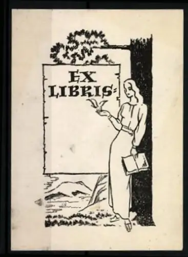Exlibris Frau mit Buch und Vogel vor Landschaft
