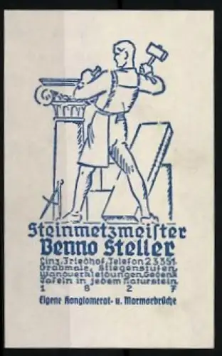 Exlibris Benno Steller, Steinmetzmeister mit Säule und Hammer