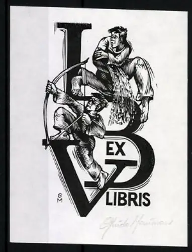 Exlibris Bogenschütze und Angreifer im Buchstabenmotiv
