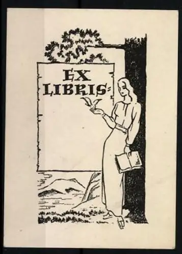 Exlibris Frau mit Buch und Baum, Naturmotiv