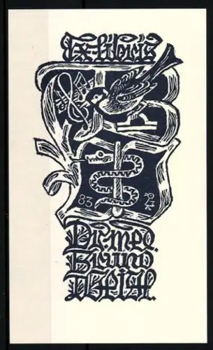 Exlibris Dr. med. Bruno Weigl, Vogel mit Notenschlüssel und Schlange, 1983