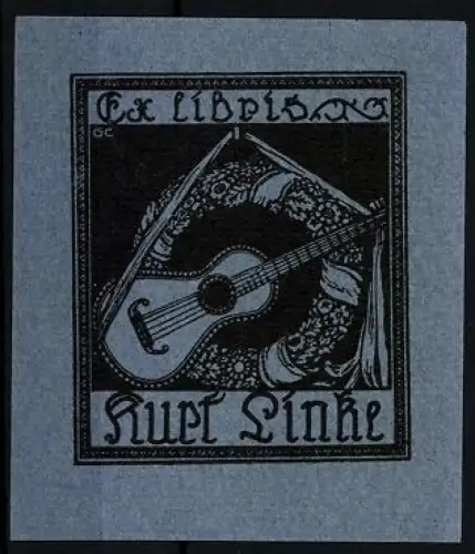 Exlibris Kurt Linke, Gitarre und Blumenkranz