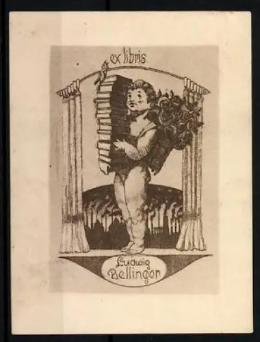 Exlibris Ludwig Bellinger, Putto mit Büchern und Rosenstrauss