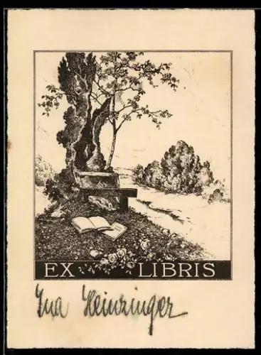 Exlibris Ina Heinzinger, Landschaft mit Bank und Buch