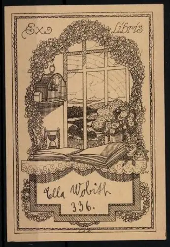 Exlibris Ella Wobith, Fensterblick mit Blumengirlande und Buch, Jugendstil