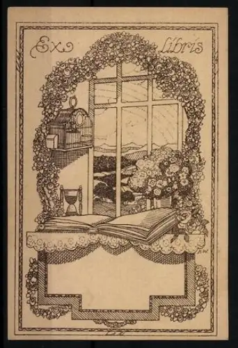 Exlibris Fensterblick mit Blumen und Buch