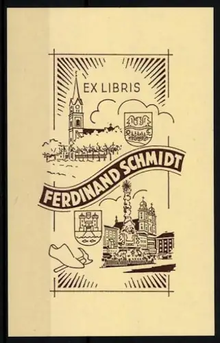 Exlibris Ferdinand Schmidt, Ortsansicht mit Kirche und Wappen