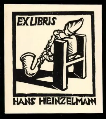 Exlibris Hans Heinzelmann, Zwerg mit Saxophon auf Stuhl