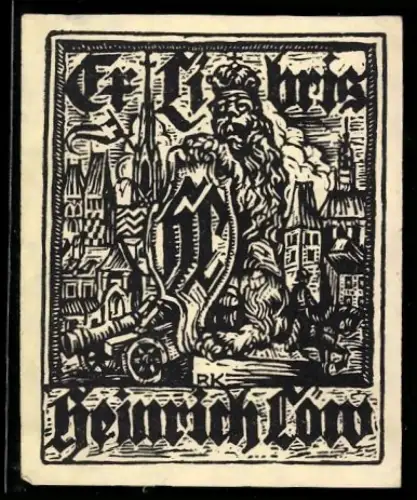 Exlibris Heinrich Löw, Mittelalterliches Stadtmotiv mit Wappen