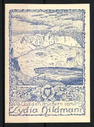 Exlibris Lydia Hildmann, Landschaft mit Bergen und See