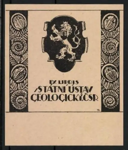 Exlibris Staatní Ústav Geologický, Löwe und Fossilien