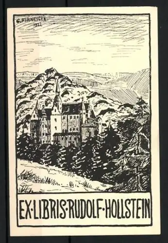 Exlibris Rudolf Hollstein, Schloss in Berglandschaft