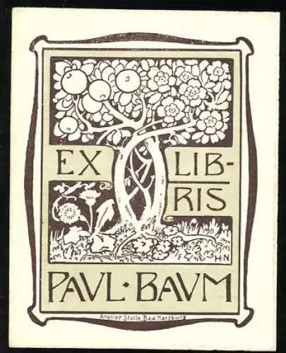 Exlibris Paul Baum, Baum mit Blumen und Vögeln, Jugendstil
