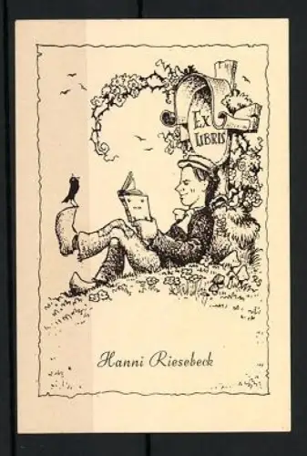 Exlibris Hanni Riesebeck, Lesender unter Baum mit Vogel