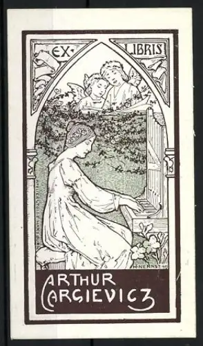 Exlibris H. Nenast, Arthur Argievicz, Frau am Klavier mit Engeln