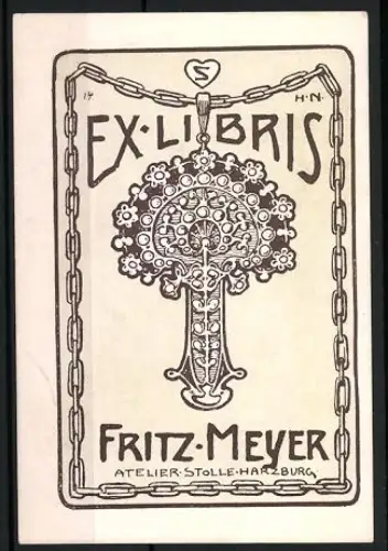 Exlibris Fritz Meyer, florales Ornament, Jugendstil