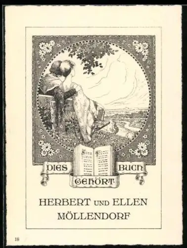 Exlibris Herbert und Ellen Möllendorf, Paar unter Baum mit Buch, Jugendstil