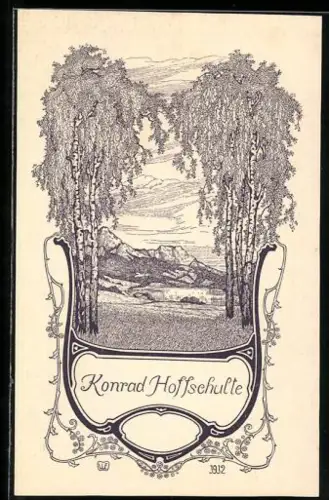 Exlibris Konrad Hoffschulte, Landschaft mit Birken und Bergen, Jugendstil