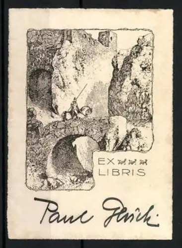 Exlibris Paul Glück, Ritter auf Brücke in felsiger Landschaft
