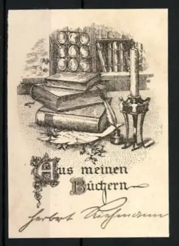 Exlibris Herbert Richmann, Bücher auf einem Schreibtisch mit Kerze
