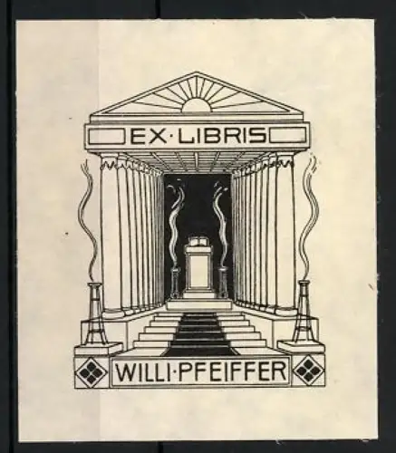 Exlibris Willi Pfeiffer, Tempelmotiv mit Säulen und Altar