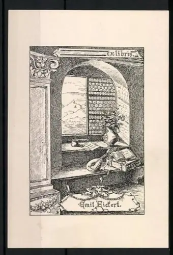 Exlibris Emil Eichert, Fensterblick mit Büchern und Vase