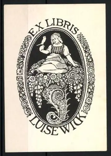 Exlibris Luise Wick, Frau mit Vogel und Blumenornamenten, Jugendstil