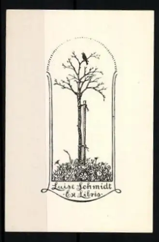Exlibris Luise Schmidt, Baum mit Rabe im Bogenfenster