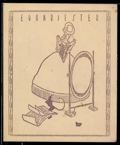 Exlibris Egon Riester, Dame vor Spiegel mit Schmuckkästchen und einem Affen neben ihr