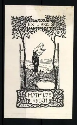 Exlibris Mathilde Resch, Frau in Landschaft