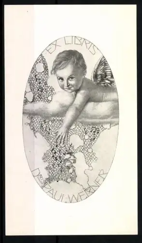 Exlibris Dr. Paul Werner, Engel auf Spitzenhintergrund