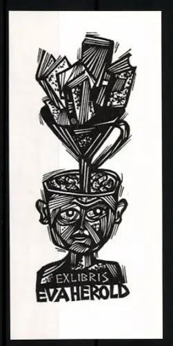 Exlibris Eva Herold, Kopf mit Büchern und Trichter
