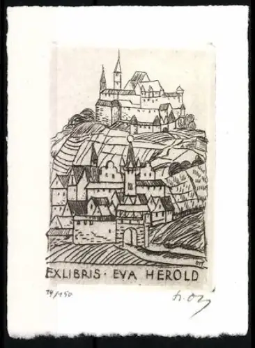 Exlibris Eva Herold, Landschaft mit Burg