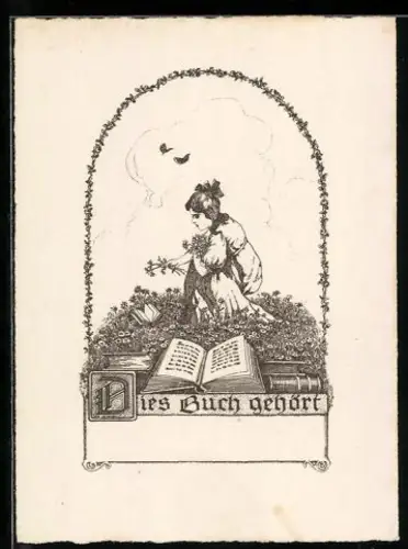 Exlibris Frau im Garten mit Buch und Blumen