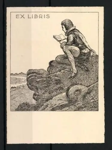 Exlibris Lesender Mann auf Felsen, Landschaft im Hintergrund