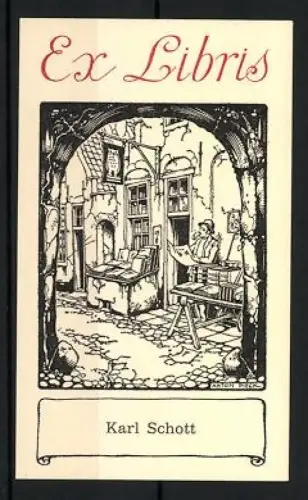 Exlibris Karl Schott, Bücherladen in altem Innenhof mit lesendem Mann