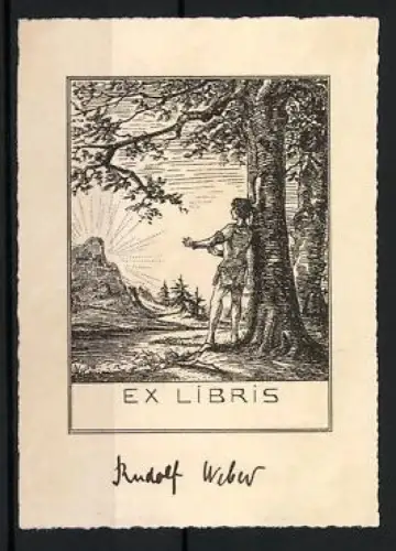 Exlibris Rudolf Weber, Mensch an Baum mit Landschaft im Hintergrund