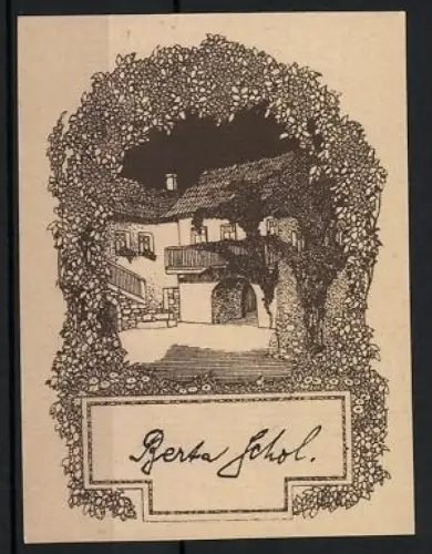 Exlibris Bertha Schol, Idylle mit Häusern und Laubrahmen