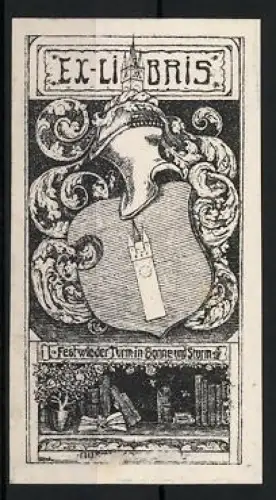 Exlibris Wappen mit Turm und Bücherregal, Fest wie ein Turm in Donner und Sturm