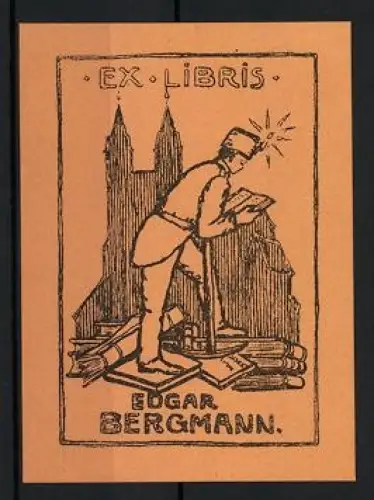 Exlibris Edgar Bergmann, Bergmann liest vor gotischer Kathedrale