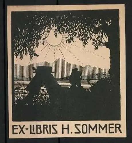 Exlibris H. Sommer, Landschaft mit Sonnenuntergang und Ruhe unter Bäumen
