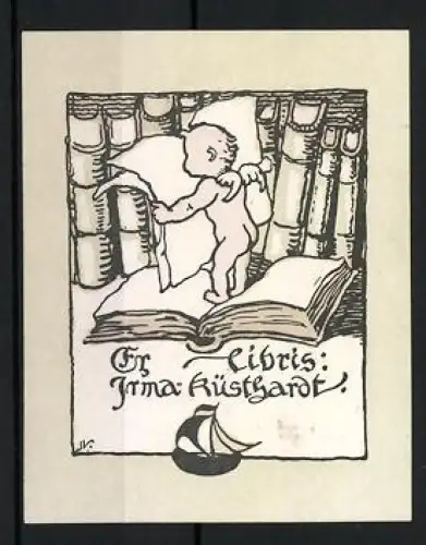 Exlibris Irma Küsthardt, Engel mit Buch und Schiffsmotiv