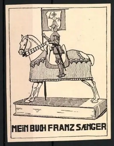 Exlibris Franz Saenger, Ritter auf Pferd mit Fahne