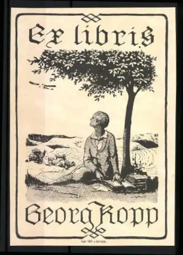 Exlibris Georg Kopp, Landschaft mit lesender Figur unter einem Baum