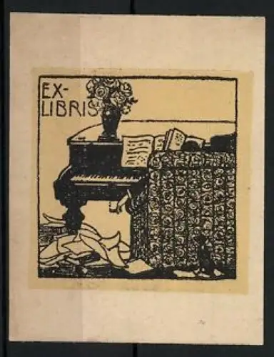 Exlibris Klavier mit Noten und Blumenstrauss, Lesende Person auf einem Sessel