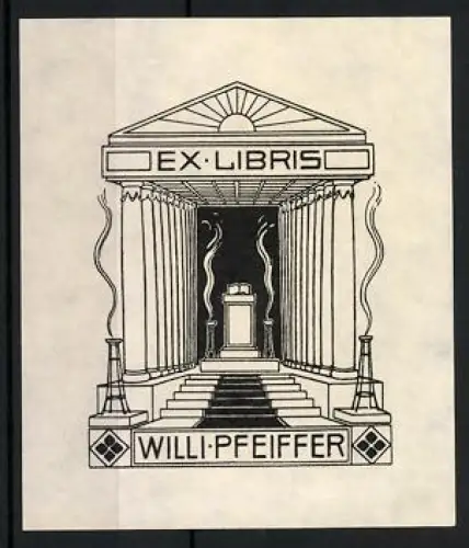 Exlibris Willi Pfeiffer, Tempel mit Altar und Säulen